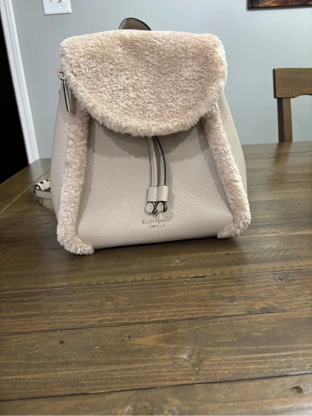 Kate Spade Leila Medium Flap Backpack with Faux Shearling Trim